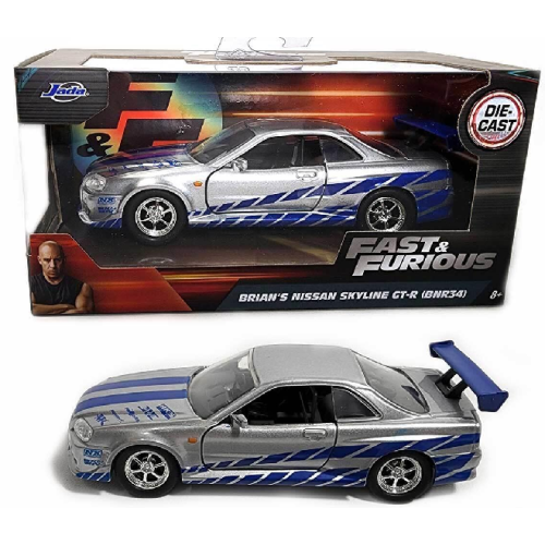 JAD97184 - 1/32 2002 NISSAN SKYLINE GTR R34 FAST AND FURIOUS SILVER WITH BLUE STRIPES