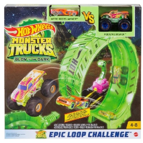 MHWHBN02 - X4 HOTWHEELS MONSTER TRUCKS GLOW IN THE DARK EPIC LOOP PLAYSET