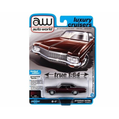 AW64382A-6 - 1/64 AUTOWORLD PREMIUM ASSORTMENT 2022 RELEASE 4 SERIES A 1970 CHEVROLET IMPALA BLACK CHERRY WITH FLAT BLACK VINYL ROOF