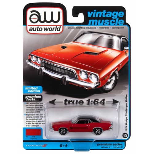 AW64382B-5 - 1/64 AUTOWORLD PREMIUM ASSORTMENT 2022 RELEASE 4 SERIES B 1974 DODGE CHALLENGER RALLYE RED WITH FLAT BLACK VINYL ROOF