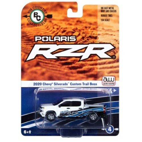 AWBC001-4 - 1/64 BCC POLARIS 2020 CHEVY SILVERADO CUSTOM TRAIL BOSS WHITE WITH BLUE AND BLACK STRIPES