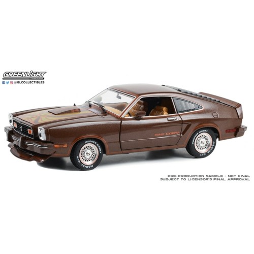 GL13669 - 1/18 1978 FORD MUSTANG II KING COBRA DARK BROWN METALLIC WITH ORANGE AND GOLD STRIPES