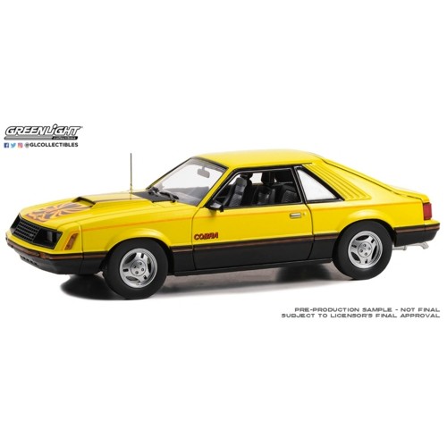 GL13678 - 1/18 1979 FORD MUSTANG COBRA FASTBACK - BRIGHT YELLOW WITH BLACK AND RED COBRA HOOD GRAPHICS AND STRIPE TREATMENT