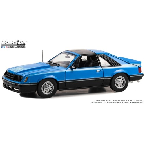 GL13679 - 1/18 1981 FORD MUSTANG COBRA T-TOP - MEDIUM BLUE WITH LIGHT BLUE COBRA HOOFD GRAPHICS AND STRIPE TREATMENT