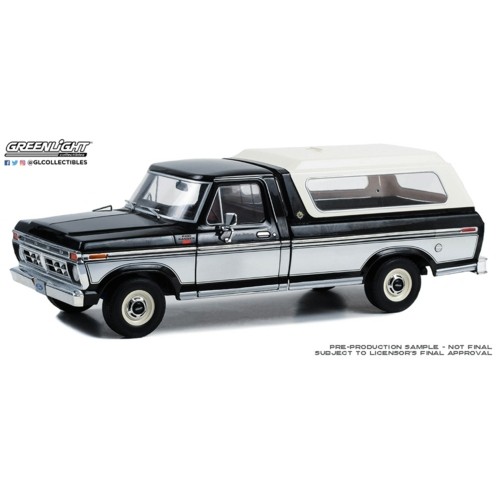 GL13680 - 1/18 1977 FORD F-100 XLT RANGER - RAVEN BLACK AND SILVER METALLIC TU-TONE AND DELUXE BOX COVER