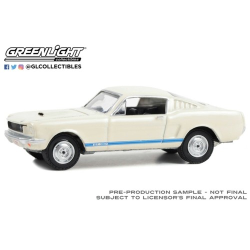 GL37290-C - 1/64 BARRETT-JACKSON SERIES 12 1965 SHELBY GT350 (LOT NO.1381) WHITE WITH BLUE STRIPES AND BLACK INTERIOR