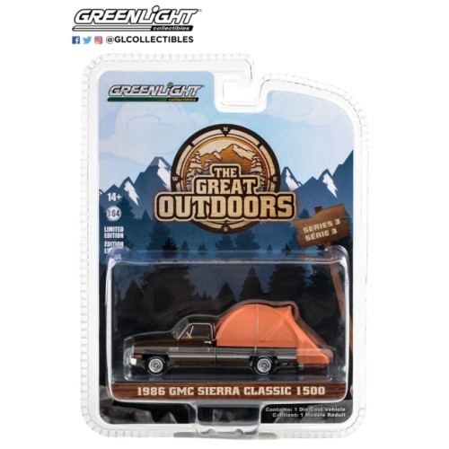 GL38050-D - 1/64 THE GREAT OUTDOORS SERIES 3 - 1986 GMC SIERRA CLASSIC 1500 DARK BROWN METALLIC WITH MODERN TRUCK BED TENT SOLID PACK