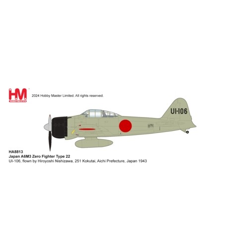 HA8813 - 1/48 JAPAN A6M3 TYPE 22, UI-106, FLOWN BY HIROYOSHI NISHIZAWA, 251 KOKUTAI, AICHI PREFECTURE, JAPAN 1943