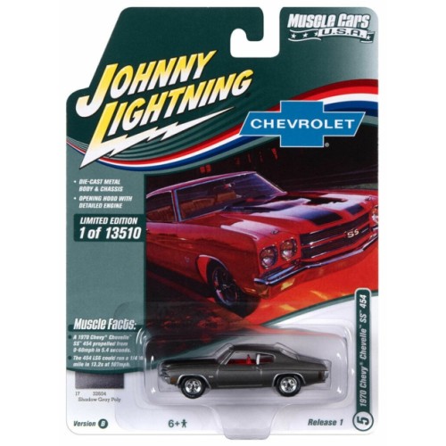 JLMC029B-5 - 1/64 JOHNNY LIGHTNING MUSCLE CARS - 2022 RELEASE 1 ASSORTMENT B - 1970 CHEVROLET SS 454 SHADOW GREY W/BLACK HOOD AND TRUNK STRIPES