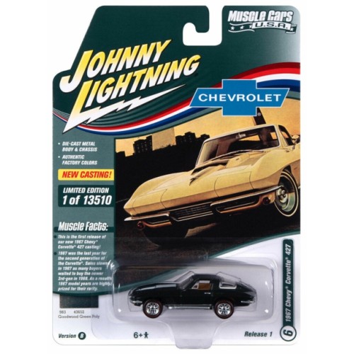 JLMC029B-6 - 1/64 JOHNNY LIGHTNING MUSCLE CARS - 2022 RELEASE 1 ASSORTMENT B - 1967 CHEVROLET CORVETTE GOODWARD GREEN POLY W/WHITE STINGER HOOD STRIPE