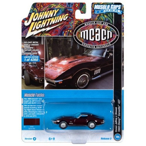 JLMC031A-5 - 1/64 JOHNNY LIGHTNING MUSCLE CARS - 2022 RELEASE 3 ASSORTMENT A 1969 CHEVROLET CORVETTE (MCACN) BURGUNDY