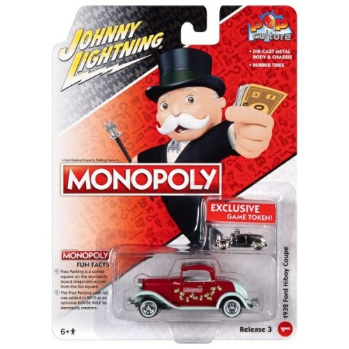 JLPC005-1 - 1/64 JOHNNY LIGHTNING POP CULTURE RELEASE 3 2021 MONOPOLY 1932 FORD HI BOY COUPE (FREE PARKING) RED AND LT GREEN