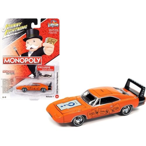 JLPC006-1 - 1/64 JOHNNY LIGHTNING POP CULTURE - RELEASE 1 2022 - MONOPOLY 1969 DODGE DAYTONA (CHANCE) ORANGE AND LIGHT GREEN