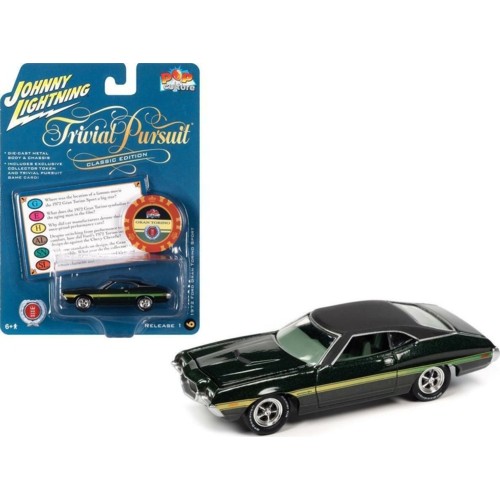 JLPC006-6 - 1/64 JOHNNY LIGHTNING POP CULTURE - RELEASE 1 2022 - TRIVIA PURSUIT 1972 FORD TORINO SPORT (GRAN TORINO) DARK GREEN POLY AND YELLOW SIDE STRIPES