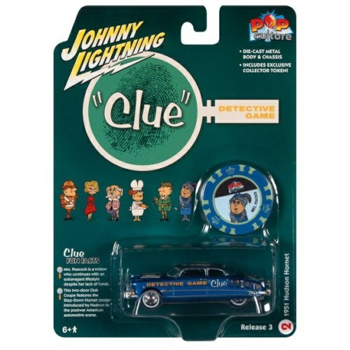 JLPC008-2 - 1/64 J L POP CULTURE 3 2022 VINTAGE CLUE 1951 HUDSON HORNET (MRS.PEACOCK AND CONSERVATORY AND CANDLESTICK) W/POKER CHIP LAGOON BLUE W/BALI BLUE TOP AND CLUE