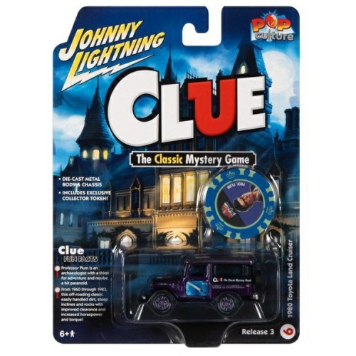 JLPC008-6 - 1/64 JL POP CULTURE 3 2022 MODERN CLUE 1980 TOYOTA LAND CRUISER (PROF.PLUM AND STUDY AND DAGGER) W/POKER CHIP PURPLE W/CLUE GRAPHICS