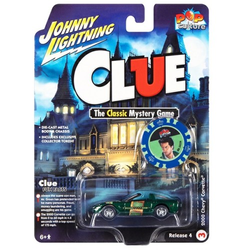 JLPC009-3 - 1/64 JOHNNY LIGHTNING POP CULTURE - RELEASE 4 2022 - MODERN CLUE 2000 CORVETTE MR GREEN BILLIARD ROOM W/REVOLVER AND POKER CHIP DARK GREEN