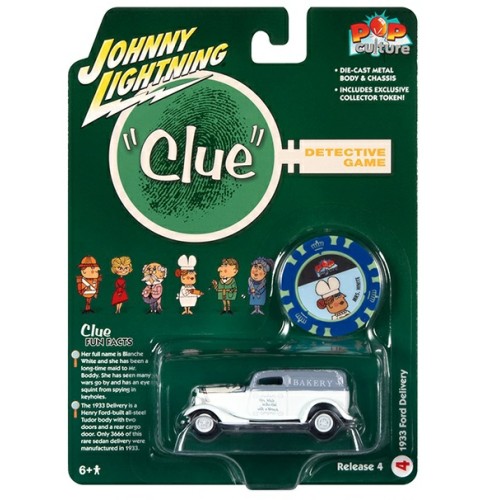 JLPC009-4 - 1/64 JOHNNY LIGHTNING POP CULTURE - RELEASE 4 2022 - VINTAGE CLUE 1933 FORD DELIVERY MRS WHITE HALL W/WRENCH AND POKER CHIP FLAT WHITE AND LIGHT BLUE