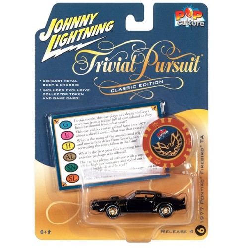 JLPC009-6 - 1/64 JOHNNY LIGHTNING POP CULTURE - RELEASE 4 2022 - TRIVIAL PURSUIT 1977 PONTIAC TRANS AM W/POKER CHIP BLACK W/GOLD TRIM