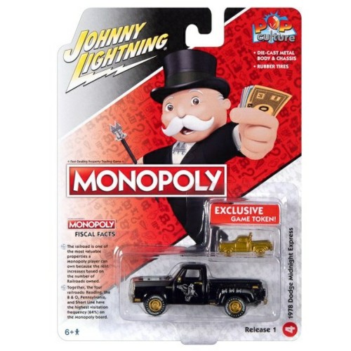 JLPC011-4 - 1/64 MONOPOLY 1978 DODGE MIDNIGHT EXPRESS RAILROAD TYCOON W/TOKEN FLAT BLACK