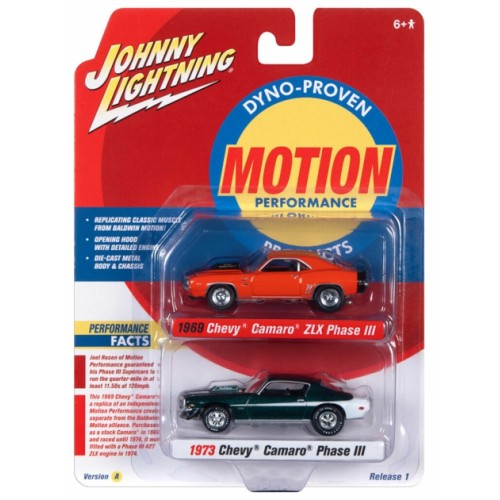 JLPK017A-1 - 1/64 JOHNNY LIGHTNING 2-PACK SPECIAL - 2022 RELEASE 1 VERSION A BALDWIN MOTION 1969 CHEVROLET CAMARO ZLX HUGGER ORANGE W/BLACK HOOD STRIPE AND REAR STRIPE AND 1973 CHEVROLET CAMARO PHASE