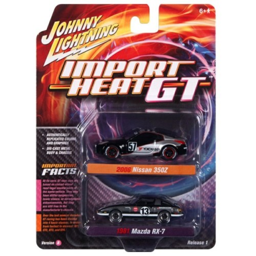 JLPK017B-2 - 1/64 JOHNNY LIGHTNING 2-PACK SPECIAL - 2022 RELEASE 1 VERSION B IMPORT HEAT 2006 NISSAN 350Z NO.66 BLACK AND 1981 MAZDA RX-7 NO.13 BLACK