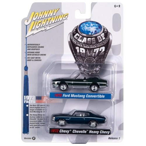 JLPK017B-3 - 1/64 JOHNNY LIGHTNING 2-PACK SPECIAL - 2022 RELEASE 1 VERSION B CLASS OF 1972 FORD MUSTANG CONVERTIBLE DARK GREEN AND 1972 CHEVROLET CHEVELLE SS BLUE