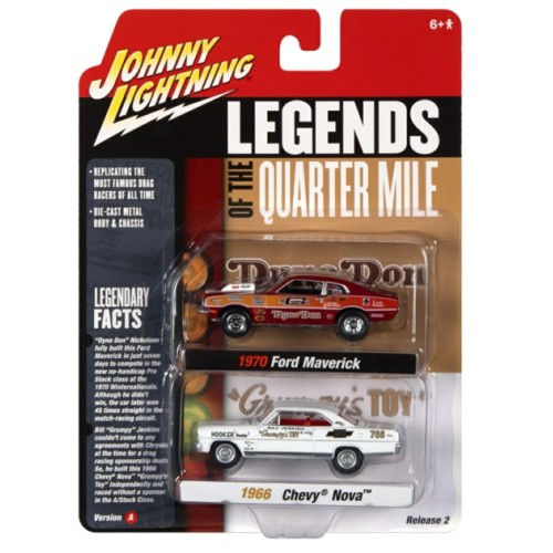 JLPK018A-1 - 1/64 JOHNNY LIGHTNING 2-PACK SPECIAL 2022 RELEASE 2 A DYNO DON NICHOLSON 1970 FORD MAVERICK RED AND BILL GRUMPY JENKINS 1966 CHEVROLET NOVA WHITE