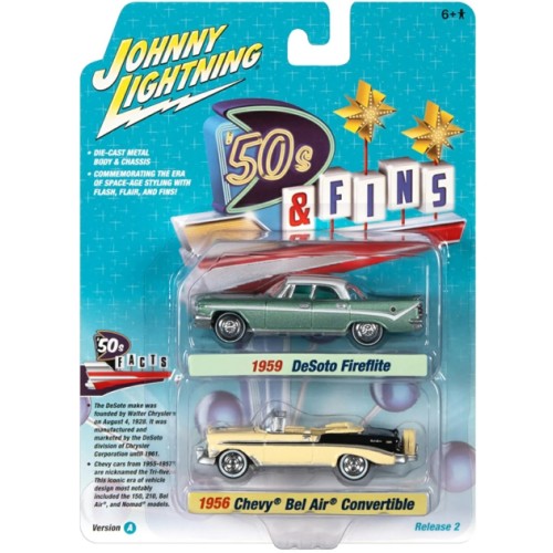 JLPK018A-2 - 1/64 JOHNNY LIGHTNING 2-PACK SPECIAL 2022 RELEASE 2 A 1959 DESOTO FIREFLITE SURF GREEN AND 1956 CHEVROLET BEL AIR CONV CROCUS YELLOW/BLACK