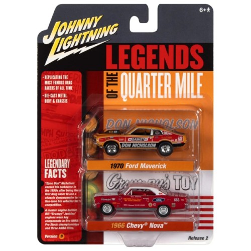 JLPK018B-1 - 1/64 JOHNNY LIGHTNING 2-PACK SPECIAL 2022 RELEASE 2 B DYNO DON NICHOLSON 1970 FORD MAVERICK ORANGE AND BILL GRUMPY JENKINS 1966 CHEVROLET NOVA RED AND WHITE