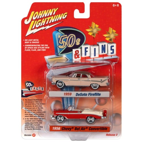 JLPK018B-2 - 1/64 JOHNNY LIGHTNING 2-PACK SPECIAL 2022 RELEASE 2 B 1959 DESOTO FIREFLITE SPRING ROSE AND 1956 CHEVROLET BEL AIR CONV MATADOR RED/WHITE