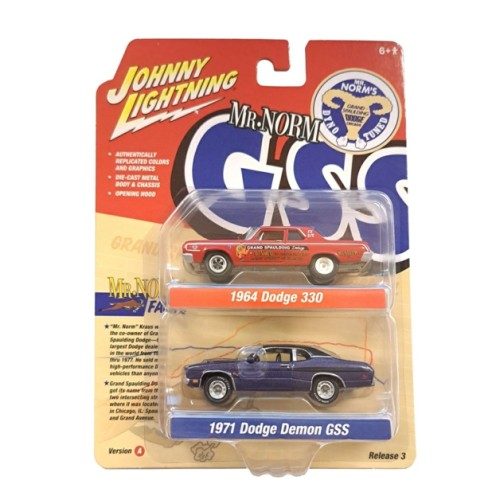 JLPK019A-1 - 1/64 JOHNNY LIGHTNING 2-PACK SPECIAL 2022 RELEASE 3 A 1964 DODGE 330 RED W/MR.NORM AND GRAND SPAULDING GRAPHICS AND 1971 DODGE DEMON GSS PLUM W/FLAT BLACK ROOF