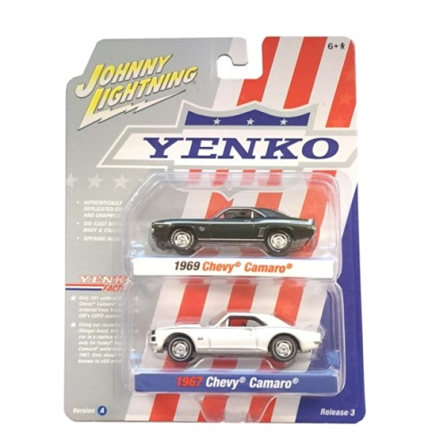 JLPK019A-2 - 1/64 JOHNNY LIGHTNING 2-PACK SPECIAL 2022 RELEASE 3 A YENKO 1969 CHEVROLET CAMARO FATHOM GREEN POLY W/WHITE YENKO HOOD AND 1967 CHEVROLET CAMARO GLOSS WHITE W/BLACK NOSE STRIPE