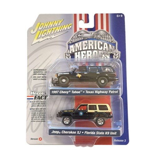 JLPK019A-3 - 1/64 JOHNNY LIGHTNING 2-PACK SPECIAL 2022 RELEASE 3 A AMERICAN HERO TEXAS DEPT SAFETY 1997 CHEVROLET TAHOE GLOSS BLACK BODY W/WHITE ROOF AND FLORIDA STATE TROOPER K9 JEEP CHEROKEE