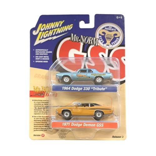 JLPK019B-1 - 1/64 JOHNNY LIGHTNING 2-PACK SPECIAL 2022 RELEASE 3 B 1964 DODGE 330 BLUE W/MR.NORM GRAND SPAULDING DODGE GRAPHICS AND 1971 DODGE DEMON GSS BUTTERSCOTCH