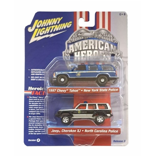 JLPK019B-3 - 1/64 JOHNNY LIGHTNING 2-PACK SPECIAL 2022 RELEASE 3 B AMERICAN HERO NEW YORK STATE TROOPER 1997 CHEVROLET TAHOE BLUE AND NORTH CAROLINA STATE TROOPER JEEP CHEROKEE