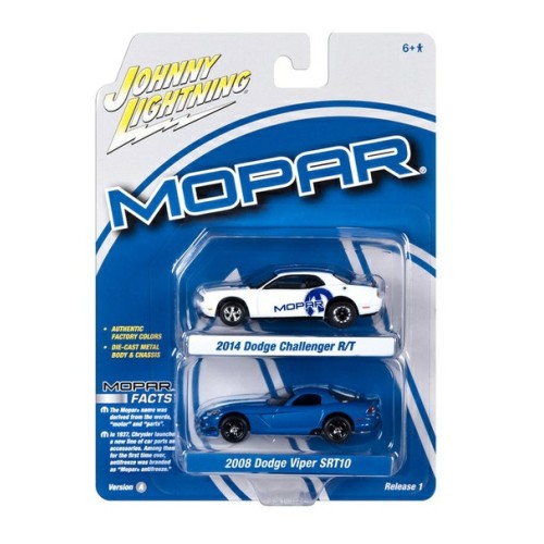 JLPK020A-2 - 1/64 2008 DODGE VIPER SRT 10 METALLIC BLUE WITH WHITE STRIPES AND 2014 DODGE CHALLENGER R/T WHITE AND MOPAR BLUE LOGO AND STRIPES