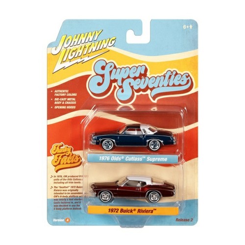 JLPK022A-1 - 1/64 1976 OLDSMOBILE CUTLASS DARK BLUE POLY AND 1972 BUICK RIVIERA  BURNISH BRONZE POLY