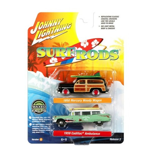 JLPK022A-3 - 1/64 1950 MERCURY WOODY WAGON BLACK AND WOODY AND 1959 CADILLAC AMBULANCE TEAL AND SURF SHARK