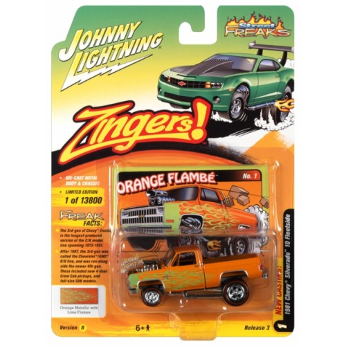 JLSF021B-1 - 1/64 JOHNNY LIGHTNING STREET FREAKS - RELEASE 3 2021 - 1981 CHEVY SILVERADO 10 ORANGE WITH GREEN (ZINGERS)