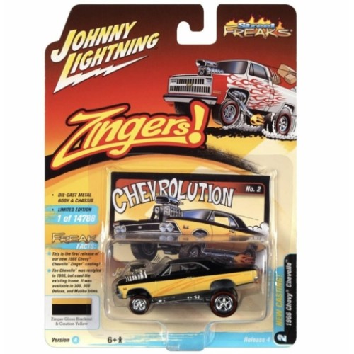 JLSF022A-2 - 1/64 JOHNNY LIGHTNING STREET FREAKS RELEASE 4 2021 A 1966 CHEVROLET CHEVELLE (ZINGER) GLOSS BLACK AND YELLOW