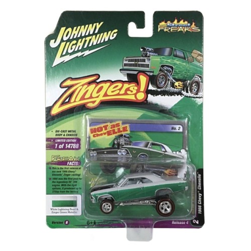 JLSF022B-2 - 1/64 JOHNNY LIGHTNING STREET FREAKS RELEASE 4 2021 B 1966 CHEVROLET CHEVELLE (ZINGER) PEARL WHITE AND METALLIC GREEN