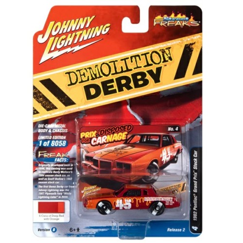 JLSF024B-4 - 1/64 JOHNNY LIGHTNING STREET FREAKS RELEASE 2 2022 B 1982 PONTIAC GRAND PRIX STOCK CAR RED WITH ORANGE (DEMO DERBY)