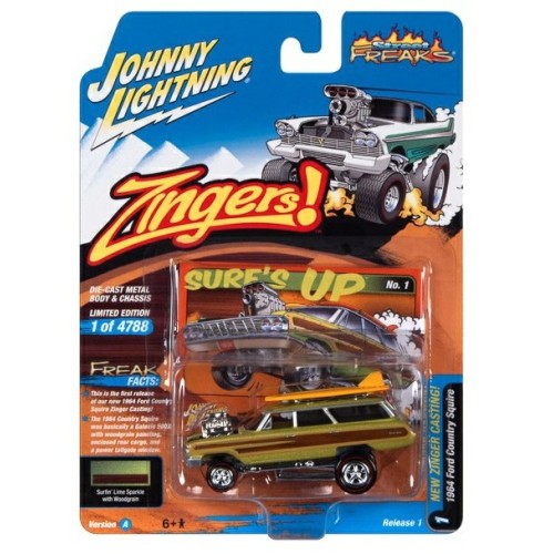 JLSF025A-1 - 1/64 JOHNNY LIGHTNING STREET FREAKS - RELEASE 1 2023 - ASSORTMENT A 1964 FORD COUNTRY SQUIRE (ZINGERS) METALLIC LIME WOOD PANELING WITH SURFBOARDS