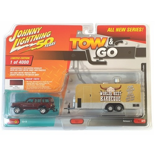 JLTG001A-1 - 1/64 TOW AND GO - JOHNNY LIGHTNING 50TH ANNIVERSARY 1998 JEEP CHEROKEE VEHICLE: GOLD METALLIC FOOD TRUCKS