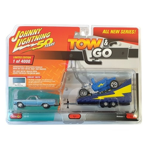 JLTG001A-3 - 1/64 TOW AND GO - JOHNNY LIGHTNING 50TH ANNIVERSARY 1965 CHEVROLET EL CAMINO VEHICLE: HUGGER BLUE PARADE FLOAT