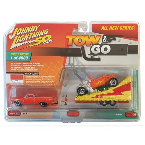 JLTG001B-3 - 1/64 TOW AND GO - JOHNNY LIGHTNING 50TH ANNIVERSARY 1965 CHEVROLET EL CAMINO VEHICLE: HUGGER ORANGE PARADE FLOAT