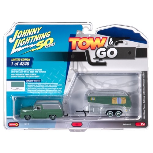 JLTG002B-2 - 1/64 TOW AND GO - 2019 RELEASE 2B 1955 FORD PANEL W/SMALL TRAVEL TRAILER TRUCK: SEA HAZE GREEN W/METALLIC DOVETONE GREY TRAILER