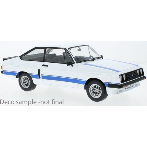 MCG18350 - 1/18 FORD ESCORT MK II R WHITE WITH BLUE BONNET STRIPES